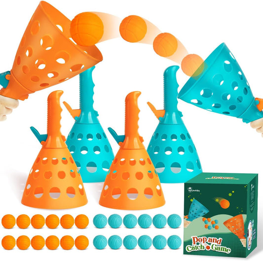 Pop and Catch Ball Game with 24 Balls and 4 Catch Launcher Baskets - Outdoor Indoor Game Activities, Easter Basket Stuffers Gifts Beach Sport Summer Beach Toys